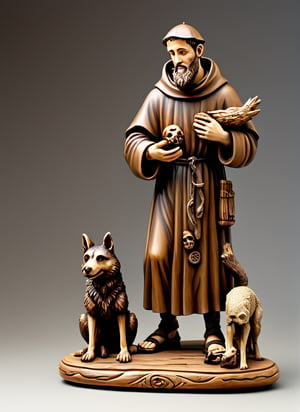 (masterpiece),(ultra realistic), (Highly detailed), ((full body sculpture of a young Saint Francis of Assisi)), ((28 years old)), standing, sandals, beard, large brown habit, (holding a skull in his hand), a single happy wolf at his side,male,mascot logo,3d toon style,ActionFigureQuiron style,detailmaster2,wood carving style