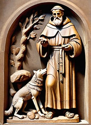 masterpiece, full body stone sculture of Saint Francis of Assisi, ((28 years old)), standing, sandals, man, beard, monk tonsure, masculine, large brown habit, with a skull in one hand, in the company of one wolf,
