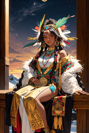 Tarot card with a frontal fullbody portrait of a dark-skinned Inca princess with a multicolored feather headdress | one-piece winter dress | gold earrings with representation of the sun | native | incredibly detailed | ornaments | high definition | conceptual art | digital art | vibrant,tibet