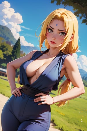 1girl, solo, ((Tsunade Senju)), long hair, breasts, looking at viewer, blonde hair, big breasts, cleavage, narrow waist, wide hips, slim fit body, brown eyes, standing, outdoors, sleeveless kimono-style grey minidress, sky, day, blue pants, hand on hip, blue obi sash, facial mark, mature female, forehead mark, tsunade \(naruto\),tsunadedef, makeup, tsunade, blonde_hair, brown_eyes, Tsunade, forehead_diamond,