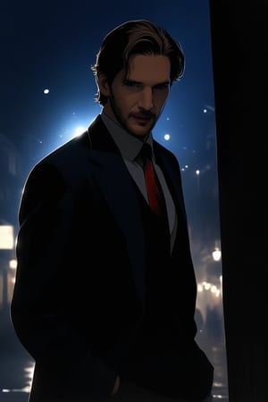 Ralph Fiennes, Ben Barnes,(Masterpiece, Best quality), (exterior night, image of a man, thin with very marked cheekbones, an aquiline nose and penetrating brown eyes, wearing elegant black shirt, red tie,grey suit, outside at night on the street of Lima, Peru) (finely detailed eyes), (finely detailed eyes and detailed face), (Extremely detailed CG, Ultra detailed, Best shadow), Beautiful conceptual illustration, full body, (illustration), (extremely fine and detailed), (Perfect details), (Depth of field)
