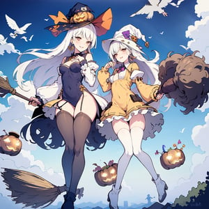 Halloween, multiple girls, hat, witch's hat, sky, broom rider, three daughters, bird, broom, witch, long hair, earrings, day, clouds, redhead, jewelry, chest, outdoors, dress, blue sky, white hair, long sleeves, puffy sleeves, flying, staff, hands on hat, black dress, holding, medium breasts, single thigh highs, looking at viewer, pantyhose, lips, smile, ribbon, brown eyes