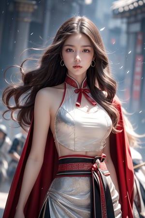 background is ancient chinese war,an archer,1 girl,beautiful korean girl, holding a battle bow, aim at bow,ready to shoot,very long hair, hair_past_waist(curly hair, dark hair),sleeveless cloth(silver transparent),cape,short skirt,
Best Quality, photorealistic, ultra-detailed, finely detailed, high resolution, perfect dynamic composition, sharp-focus, 