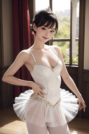 (best quality, masterpiece:1.2),ultra detailed,(photo realistic:1.4),solo,cute girl,ballerina,pantyhose,leotard,tutu,lite smile,indoor,