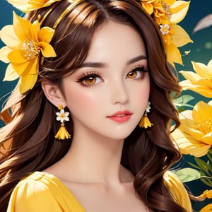 anitoon style, 1girl, solo, earrings, flower, hair ornament, jewelry, hair flower, long hair, lips, eyelashes, looking at viewer, brown eyes, flower earrings, brown hair, upper body, yellow dress