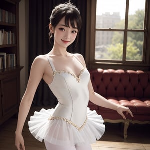 2 girls, (best quality, masterpiece:1.2),ultra detailed,(photo realistic:1.4),solo,cute girl,ballerina,pantyhose,leotard,tutu,lite smile,indoor,