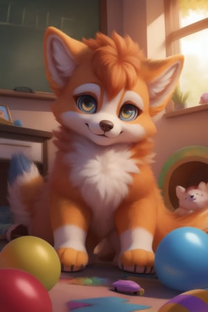 A young woman dressed as a cartoonish fursona, her realistic fur seamlessly blending with the surroundings. She's surrounded by vibrant colors and playful chaos of a kindergarten classroom, with toys and game boards scattered about. Her pose is dynamic, one hand holding a stuffed animal while the other reaches out to playfully swat at a hovering balloon. The soft focus of the background children's games creates a sense of warmth and innocence, as the furry girl's bright eyes shine forward, inviting the viewer to join in on the fun.