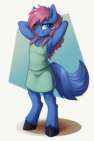 1girl, mlp, anthro pony, furry, blue fur, pink hair, bangs, straight hair, long tail, fluffy curly tail, stand, hooves, proud expression, smirk, hands behind the head, 