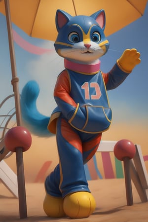 A young woman dressed as a cartoon cat, with realistic fur and whiskers, poses confidently against a colorful backdrop of kindergarten playground equipment. The vibrant atmosphere is filled with toys and games, while the mascot's bright pink collar adds a pop of color. Her costume seamlessly blends cartoon charm with realistic textures.