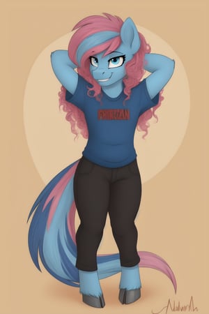 1girl, mlp, anthro pony, furry, blue fur, pink hair, bangs, straight hair, long tail, fluffy curly tail, stand, hooves, proud expression, smirk, hands behind the head, 