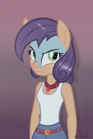 more human, 1girl, mlp, rarity, purple hair, whitr fur, standing, grumpy, front view, ((background is empty room without end)).