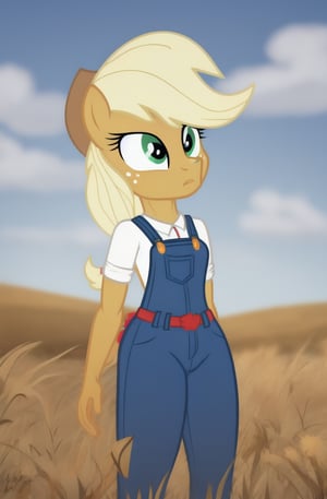 1girl, solo, mlp, my little pony, apple jack, mlpapplejack, masterpiece, standing, wheat field in the background,

((extreme skinny, unhealthy thin, no thights)),
wearing overalls,