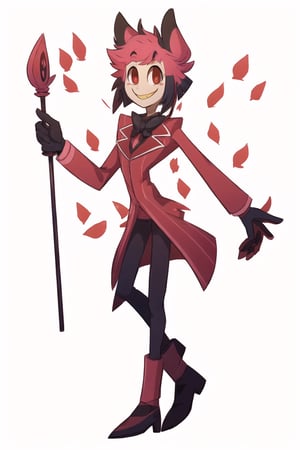 ((masterpiece, best quality)), 1boy, full suit, light skin, smile, thin, high boots, gloves, full body, cane, full body standing
