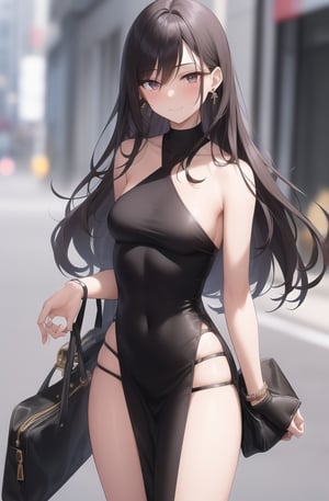 New York City,street,
20 yo, 1 girl, beautiful korean girl,walking,happy smile,
wearing sexy tight dress,black simple dress(strap),shoulder bag,solo, {beautiful and detailed eyes}, dark eyes, calm expression, delicate facial features, ((model pose)), Glamor body type, (dark hair:1.2),hair_past_waist,curly hair,very long hair,simple tiny earrings, flim grain, realhands, masterpiece, Best Quality, 16k, photorealistic, ultra-detailed, finely detailed, high resolution, perfect dynamic composition, beautiful detailed eyes, eye smile, ((nervous and embarrassed)), sharp-focus, full_body, cowboy_shot,