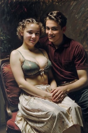 masterpiece, best quality, high detailed, park, ((old photo, photo from the 1950s, old style)), photo of a young girl and her boyfriend, ((teenagers, 16 years old couple)), girl sitting on a chair, boy standing and he holds his hand on the girl's shoulder, they look at the camera, ((gigantic size of breasts, cleavage, too large breasts, JJ-cup, extreme massive breasts)), painting, oil paint