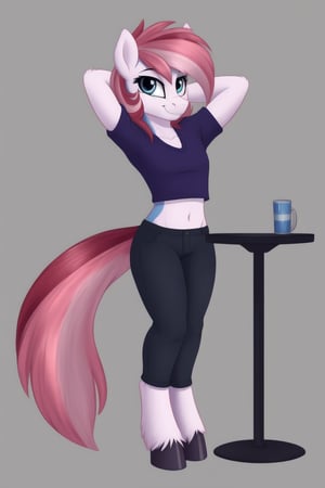 1girl, mlp, anthro pony, furry, blue fur, pink hair, bangs, straight hair, long tail, fluffy curly tail, stand, hooves, proud expression, smirk, hands behind the head, full body, ((extreme skinny, unhealthy skinny)),