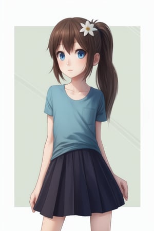 1girl, human, solo, gray plain background, kid, pale skin, brown hair, two ponytails, blue eyes, full body, ((skinny, unhealthily slim)), ((loose clothes, big clothes1.6)), skirt and blue shirt, two white flowers in her hair,