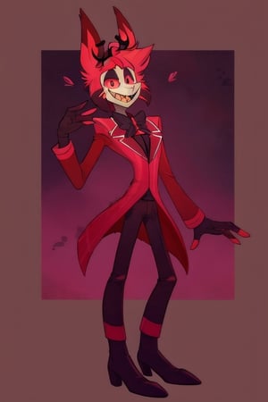 ((masterpiece, best quality)), 1boy, alastor, full suit, cheeks, smile, thin, high boots, gloves, top hat, full body