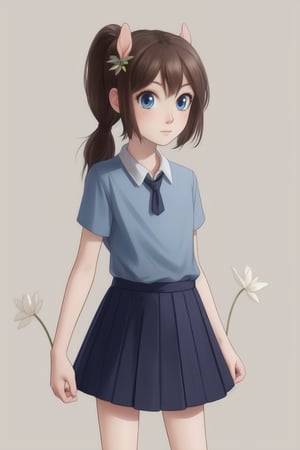 1girl, human, solo, gray plain background, kid, pale skin, brown hair, two ponytails, blue eyes, full body, ((skinny, unhealthily slim)), ((loose clothes, big clothes1.4)), skirt and blue shirt, two white flowers in her hair,