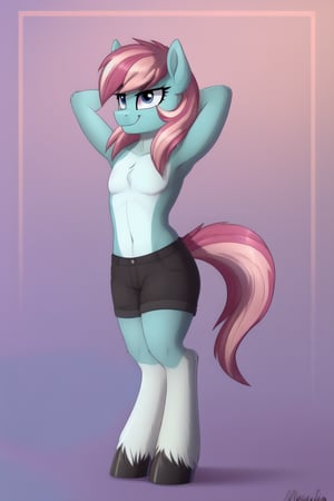 1girl, mlp, anthro pony, furry, blue fur, pink hair, bangs, straight hair, long tail, fluffy curly tail, stand, hooves, proud expression, smirk, hands behind the head, 