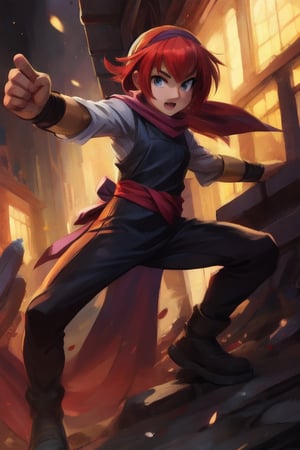 A 4K masterpiece captures a teenaged ninja warrior in a dynamic fighting pose. A young girl with bright red hair and prominent bangs dons a sleek, dark outfit, complete with a tight bandana, ninja mask, and headband, fully concealing her face. Her slim physique is accentuated by tight clothing that showcases her toned legs. The overall composition is striking, with the subject's protruding hair adding to the dramatic effect.