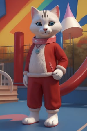 A young woman dressed as a cartoon cat, with realistic fur and whiskers, poses confidently against a colorful backdrop of kindergarten playground equipment. The vibrant atmosphere is filled with toys and games, while the mascot's bright pink collar adds a pop of color. Her costume seamlessly blends cartoon charm with realistic textures.