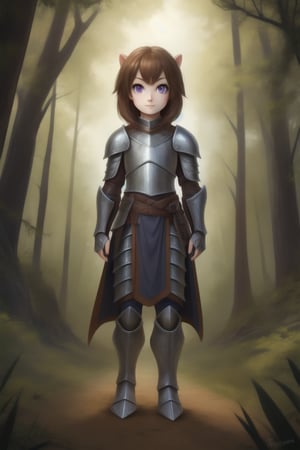 1girl, middle ages, metal armor, knight, knight armor, full knight armor, metal from head to toe, female knight, no helmet, long brown hair, beautiful face, young face, slim, beautiful purple eyes, forest in the background, stand clearing road,