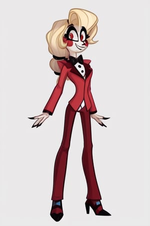 charlie morningstar, masterpiece, best quality, ((very skinny, thin)), girl, ((white plain background)), full body, ((very tall, long legs)), narrow waist, white skin, blonde hair, demon, yellow eyes, red pupils, (red circles on the cheeks), thick makeup, long arms, red jacket, burgundy pants, sharp black and white heels, bow tie, (white shirt under the jacket), (a dot as a nose), black nails, long sleeves, smiling, cheerful, bangs, tied up hair, long hair