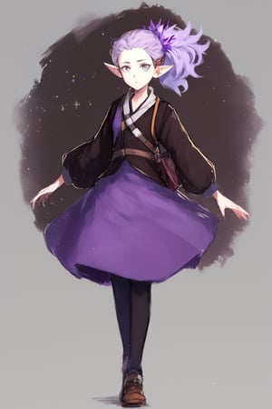 full body, plain grey background, 1girl, solo, amity_timeskip, clothes, amity, purple brown hair, long ears