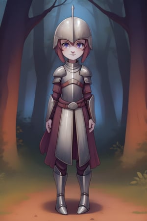 1girl, middle ages, metal armor, knight, knight armor, full knight armor, metal from head to toe, female knight, no helmet, long brown hair, beautiful face, young face, slim, beautiful purple eyes, forest in the background, stand clearing road,