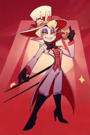 ((masterpiece, best quality)), 1boy, lucifer, full suit, cheeks, smile, thin, high heels, gloves, top hat, full body