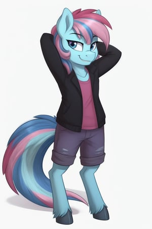 1girl, mlp, anthro pony, furry, blue fur, pink hair, bangs, straight hair, long tail, fluffy curly tail, stand, hooves, proud expression, smirk, hands behind the head, 