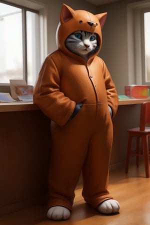 1person, realistic, costume, mascot, person in animal costume, cartoon character, cartoon cat, cat girl, realistic photo, realistic fur, children's games in the background, kindergarten, full body,