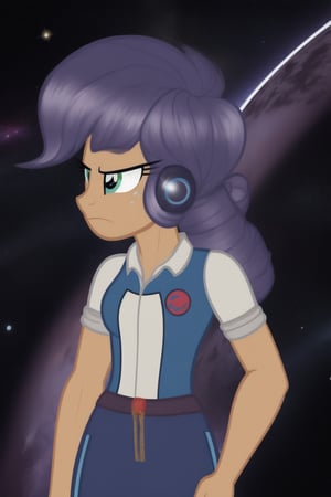 more human, 1girl, mlp, rarity, purple hair, whitr fur, standing, grumpy, front view, ((background is empty space without end, huge space)).