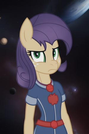 1girl, mlp, rarity, purple hair, whitr fur, standing, grumpy, front view, ((background is empty space without end, huge space)).