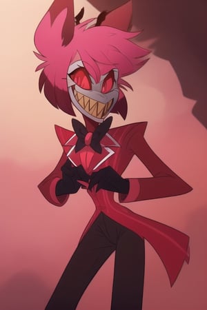 solo, smile, red eyes, gloves, 1boy, bow, holding, standing, pink hair, male focus, teeth, black gloves, pants, bowtie, grin, mask, black pants, sharp teeth, humanization, alastor
