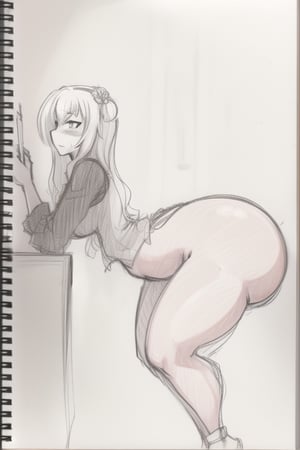((sketch, pencil sketch, monochrome)), 1girl, solo, (from side, perfect side view), standing straight, normal pose,

((skinny legs)), ((gigantic buttocks, large hanging buttocks, fake butt, seductive bimbo slut)), wide hips,anime pose,sketch, petite girl,