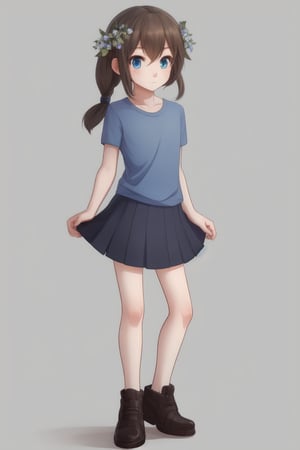 1girl, human, solo, gray plain background, kid, pale skin, brown hair, two ponytails, blue eyes, full body, ((skinny, unhealthily slim)), big clothes, too loose clothes, too big skirt, huge blue shirt, two white flowers in her hair,