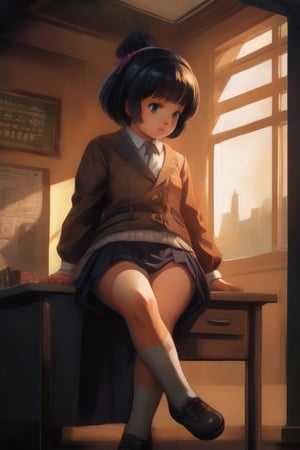 ((masterpiece, best quality, official art, hdr, high contrast)), 1girl, solo, school, man, short girl, playing on desk, crossed legs