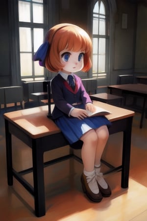 ((masterpiece, best quality, official art, hdr, high contrast)), 1girl, solo, school, man, short girl, playing on desk, crossed legs