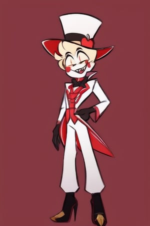 ((masterpiece, best quality)), 1boy, lucifer, full suit, cheeks, smile, thin, high heels, gloves, top hat, full body