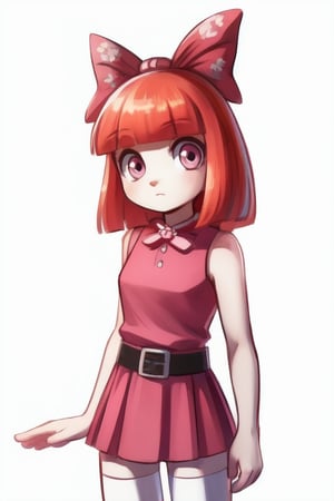 (Blossom:1.5), orange hair, blunt bangs, straight hair, pink eyes:1.2), (hair bow, red bow, sleeveless pink dress, simple black belt, white thighhighs:1.2), (white background, plain background), 