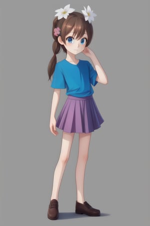 1girl, human, solo, gray plain background, kid, pale skin, brown hair, two ponytails, blue eyes, full body, ((skinny, unhealthily slim)), ((big clothes, loose clothes)), skirt and blue shirt, two white flowers in her hair,