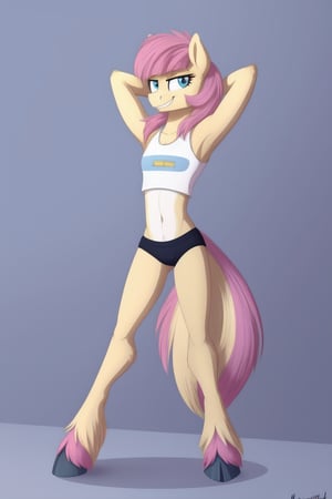 1girl, mlp, anthro pony, furry, blue fur, pink hair, bangs, straight hair, long tail, fluffy curly tail, stand, hooves, proud expression, smirk, hands behind the head, full body, ((extreme skinny, unhealthy skinny)),