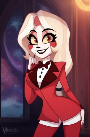 ((masterpiece, best quality, very detailed)), 1girl, charlie morningstar, smile, looking at viewer, red suit, vivziepop style, ((pilot episode)),