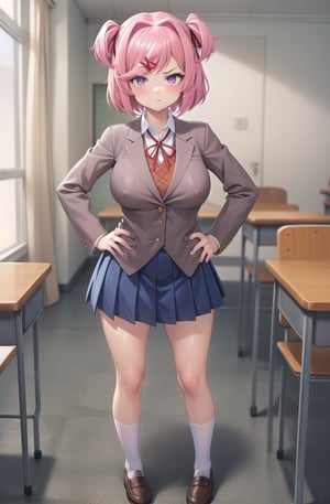 21yo girl, professional photo, stunningly beautiful girl, full body, standing, (long legs), (defined body), highly detailed eyes, extremely detailed, center image, bright sides, masterpiece, anime, highly detailed, 1girl, solo, natsuki , pink eyes, pink hair, medium hair, two side up, hair ribbon, hair ornament, school uniform, blazer, brown sweater, collared shirt, neck ribbon, blue skirt, standing, hands on hips, pouty lips, classroom,school uniform,

((pointy breasts, nipple bulge)),