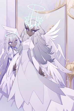 masterpiece, best quality, 1girl, solo, angel, elder angel, tall, thin, dark skin, halo, glowing halo, full body, standing, glow eyes, dark eyes, thick eyelashes, dark eyelashes, long dress, dress, gradient hair, grey hair, smile, happy, face dots, covered neck, sera, wings, multiple wings, sharp jaw, long face