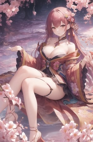 (masterpiece, top quality, best quality, official art, beautiful and aesthetic:1.2), (1girl), extreme detailed,(abstract, fractal art:1.3),highest detailed, detailed_eyes, light_particles, hanfu,jewelry, sexy, ,red,cherry blossom,The left hand's orchid fingers pinch a branch blooming with cherry blossoms,The right hand's orchid fingers lightly pinch the left sleeve