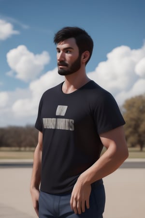 human, girl, solo, short hair, shirt, black hair, 1boy, standing, short sleeves, male focus, outdoors, sky, day, pants, cloud, blue sky, black shirt, facial hair, black pants, sunlight, t-shirt, realistic, photo background,Pectoral Focus