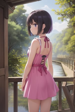 ((masterpiece, best quality, official art, hdr, high contrast, view from the back)), 1girl, solo, tiny girl, short, thin, short hair, tight clothes, pink summer dress, zoo, stand back, lean on the railing, look at animal enclosure,REALISTIC
